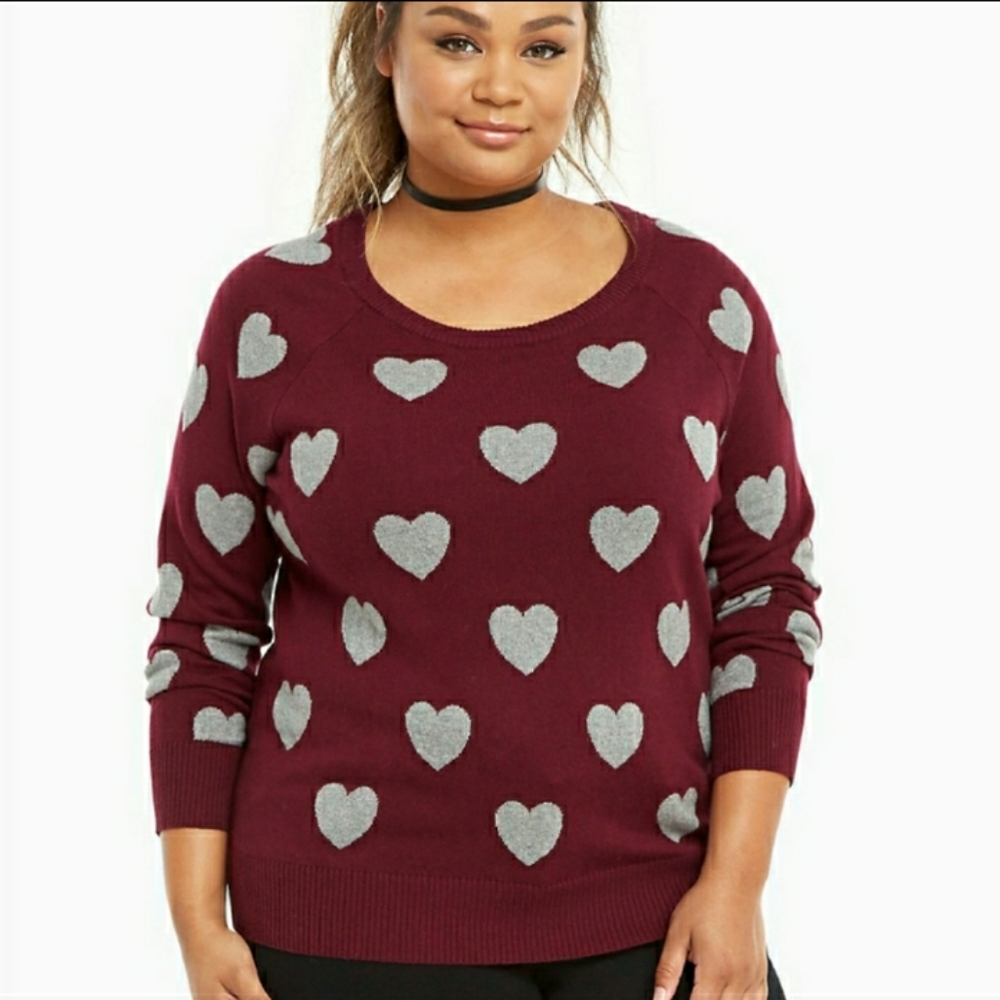 Cute Burgundy Grey Heart Print Sweater